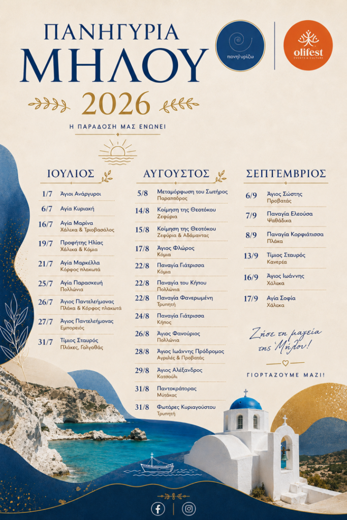 19/07: Πανηγύρια Μήλου 2026: Η Παράδοση μας Ενώνει- Κόμια