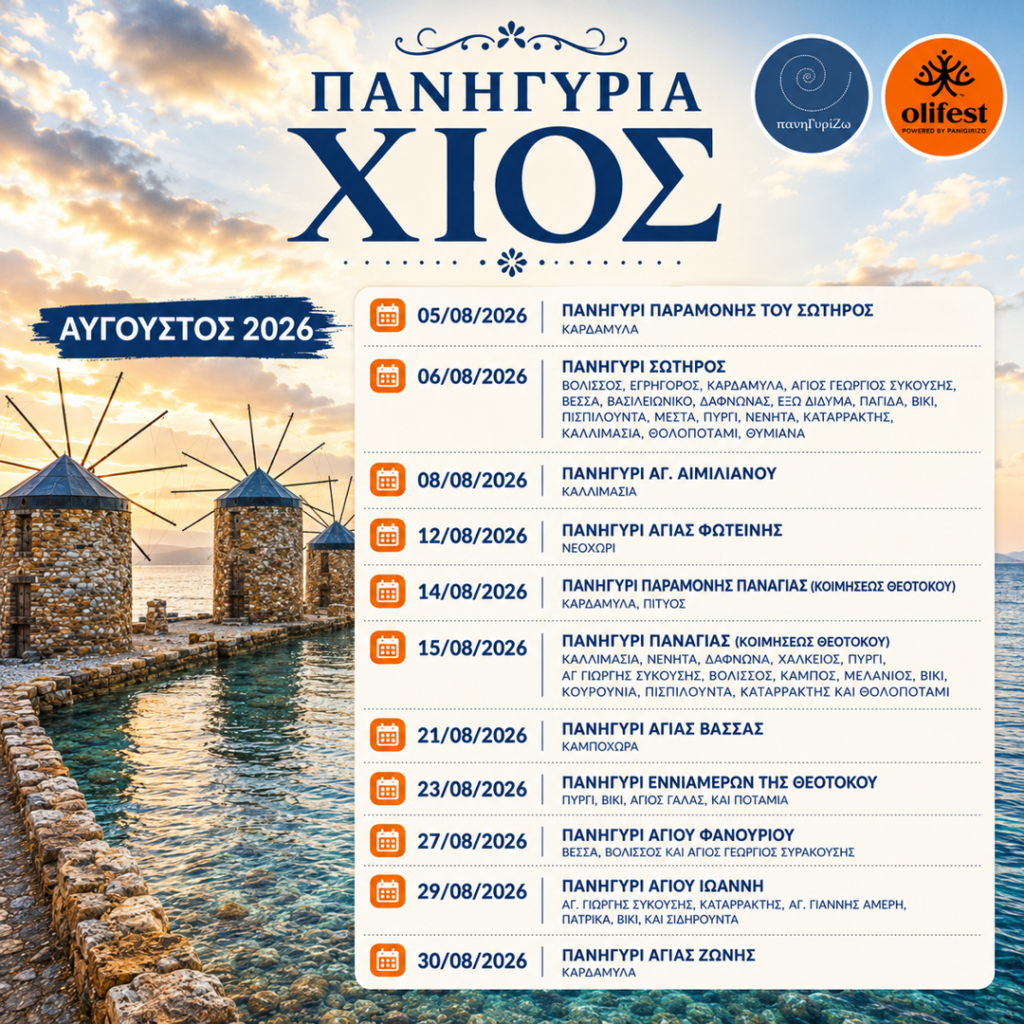 06/08: Χίος: Το Καλεντάρι των Αυγουστιάτικων Πανηγυριών (2026)- Πισπιλούντα