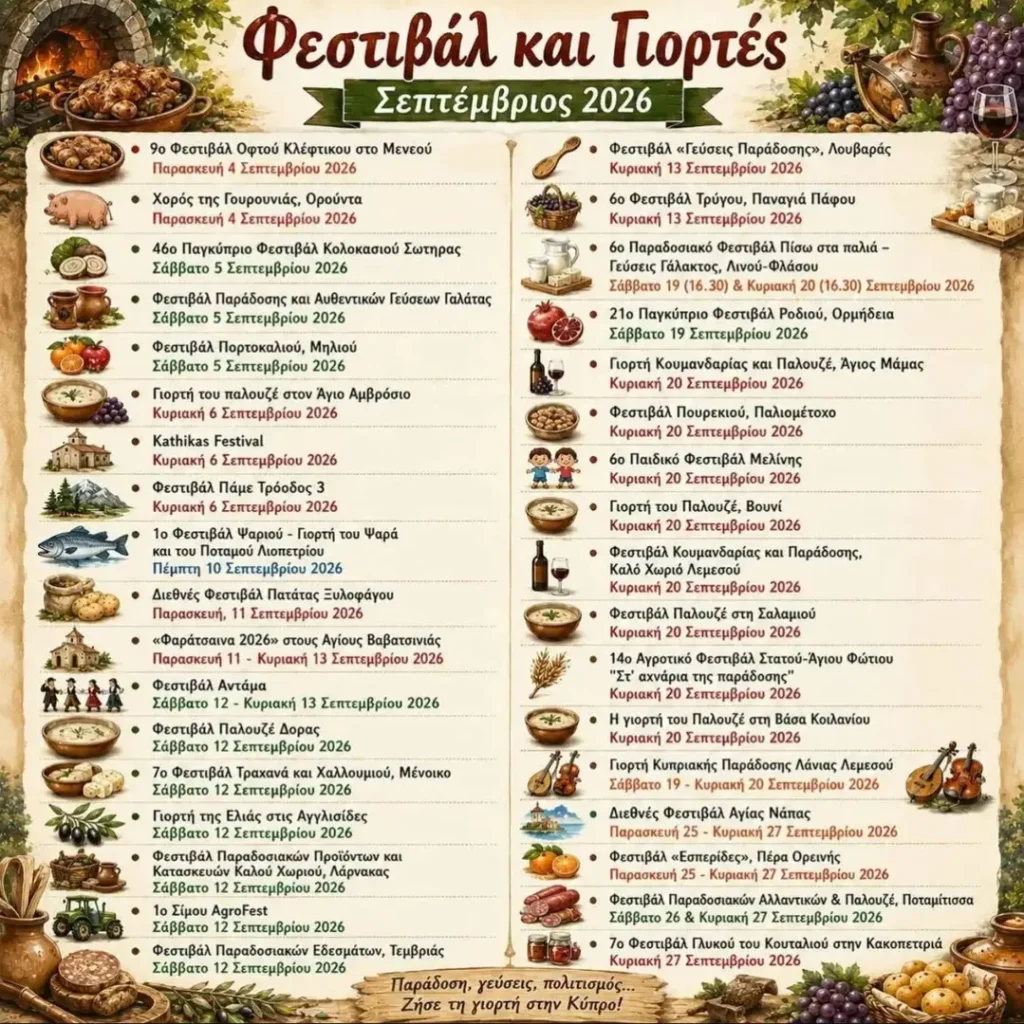 20/09/2026: Φεστιβάλ και Γιορτές στην Κύπρο – Σεπτέμβριος 2026- Λινού-Φλάσου